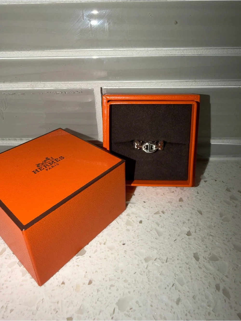 Hermes Silver Chaîne d'Ancre Ring with Orange Box
